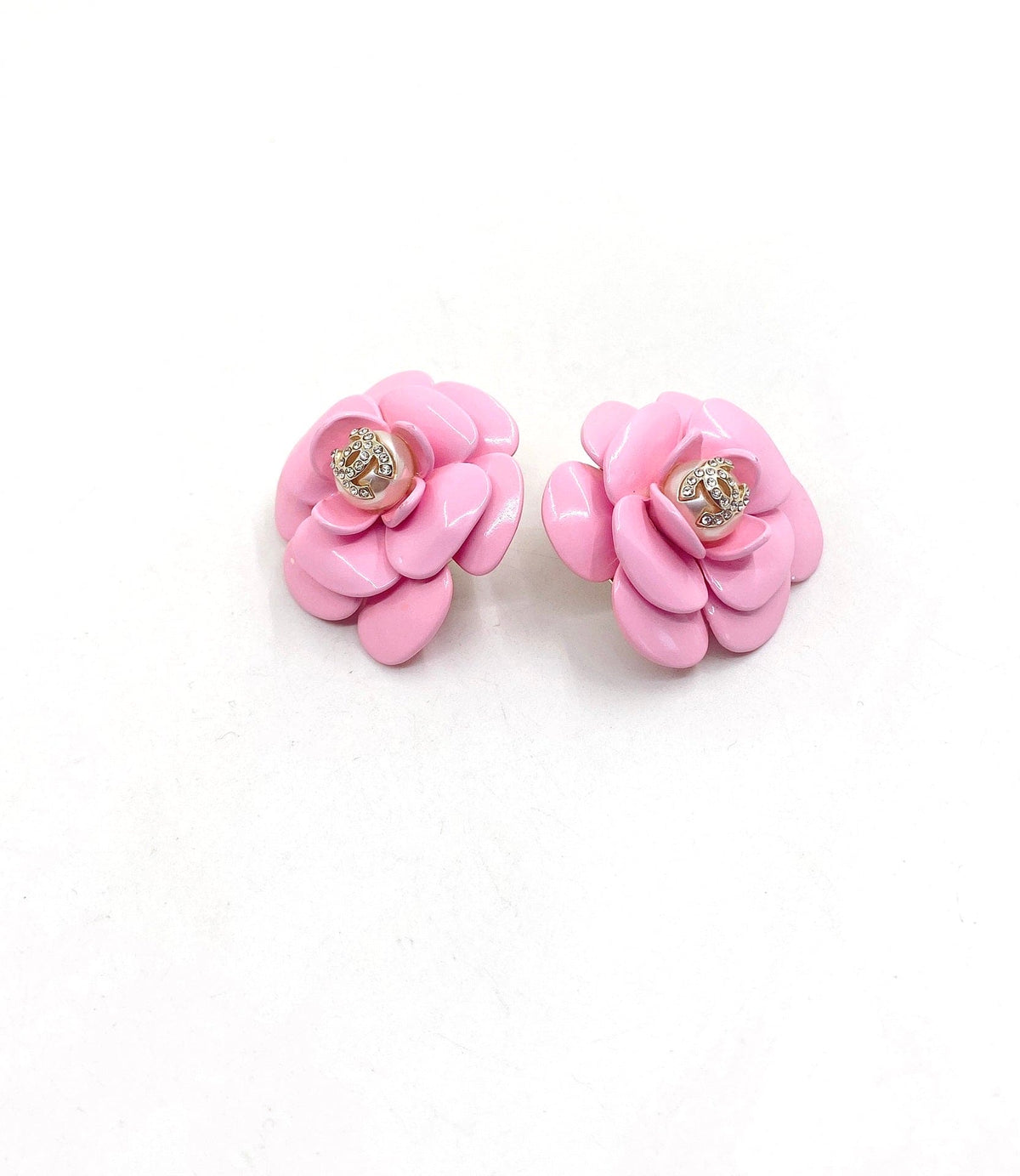 18K  Chanel Pink Camellia Resin Earrings