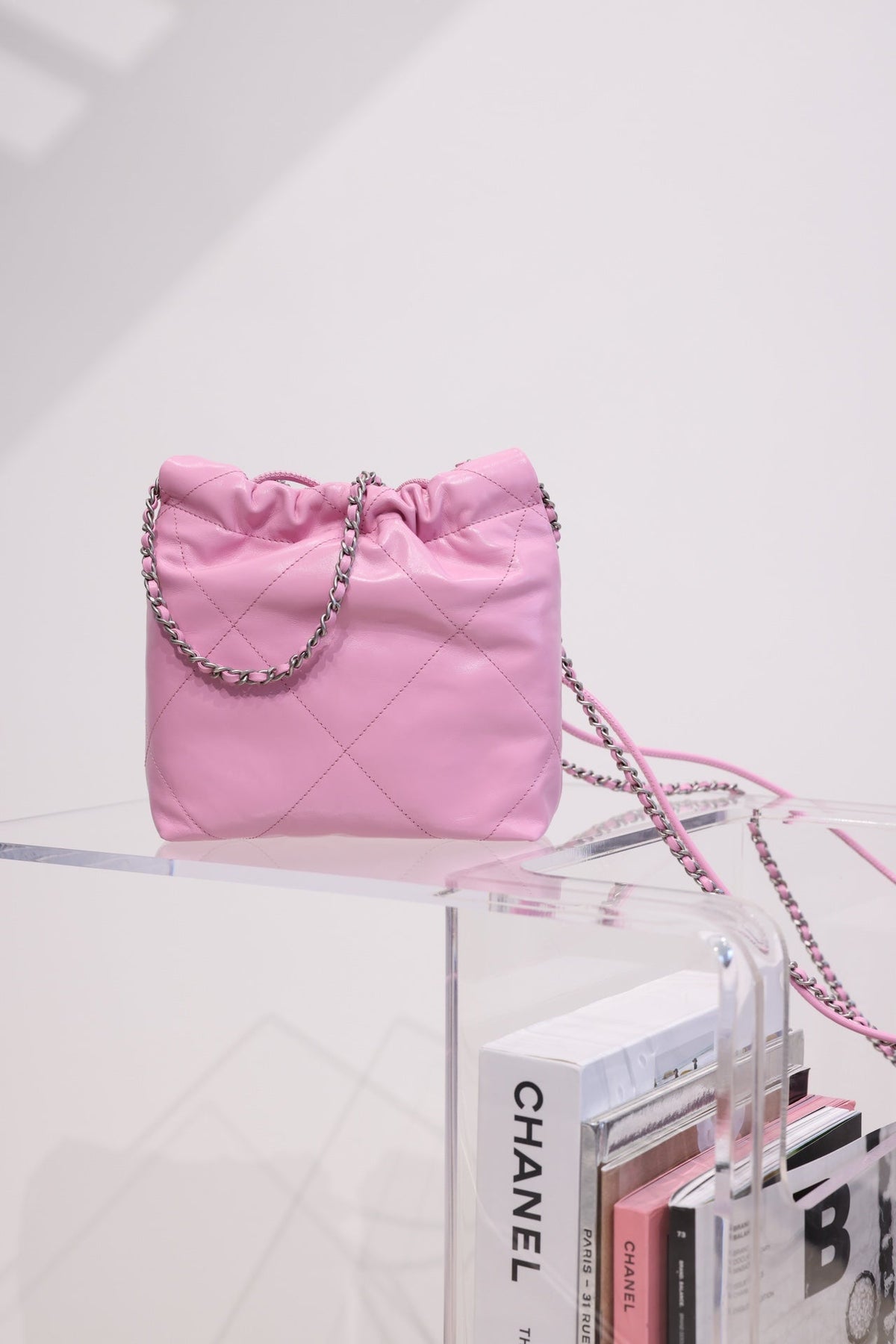 CHANEL HOBO BAG 22 PINK LAMBSKIN SILVER HARDWARE 20CM