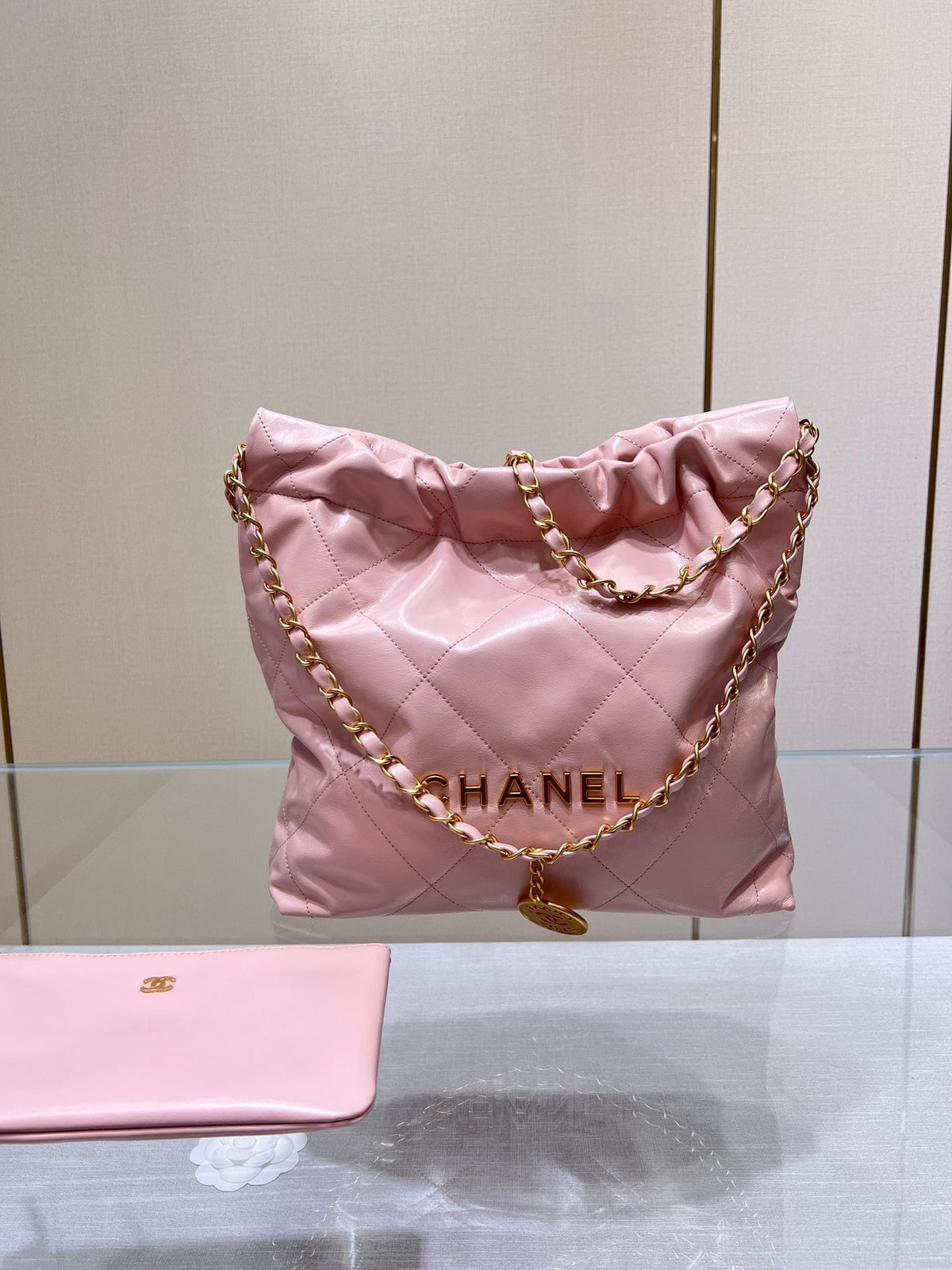 CHANEL HOBO BAG 22 PINK LAMBSKIN GOLD HARDWARE