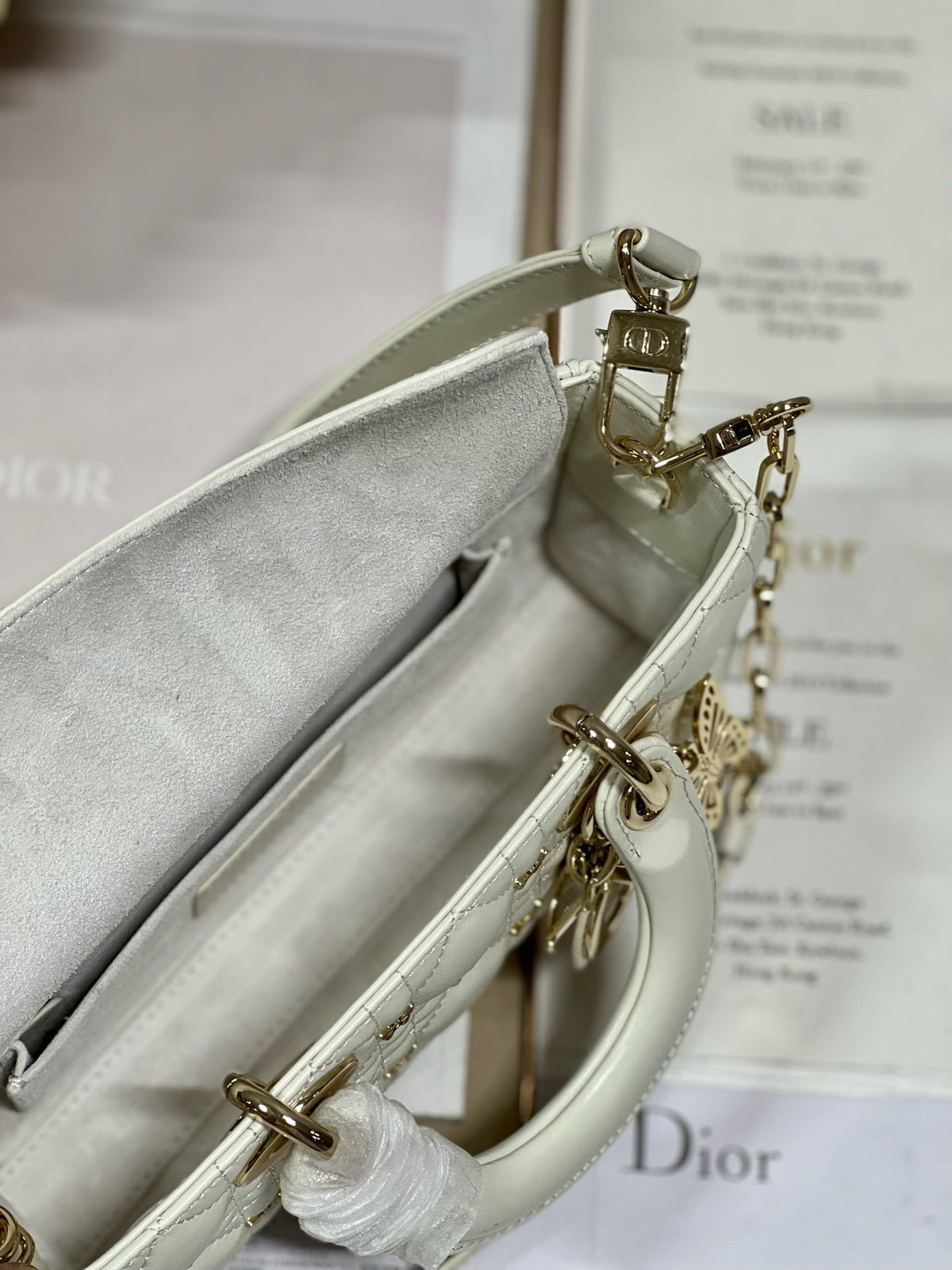 DIOR SMALL LADY D-JOY 22 BUTTERFLY STUD WHITE LAMBSKIN