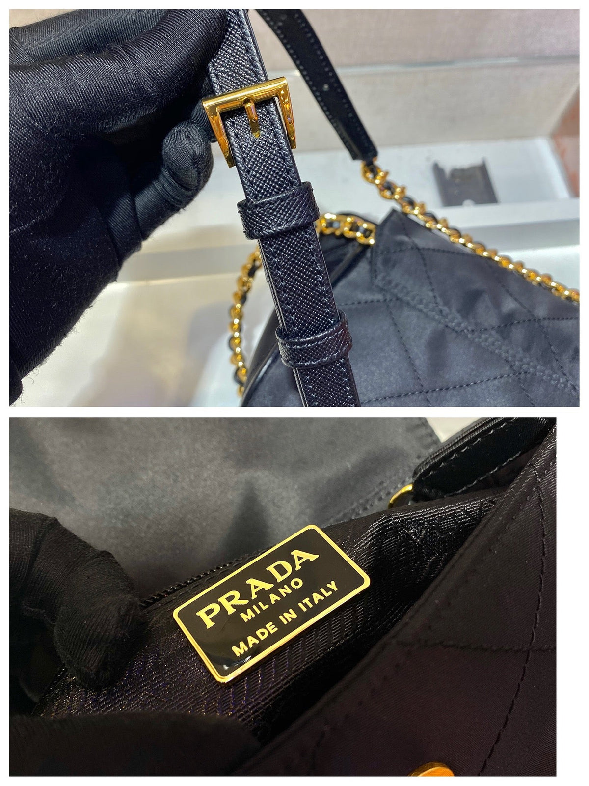 PRADA SMALL QUILTED FLAP BAG 18 IN BLACK RE-NYLON FABRIC GOLD CHAIN
