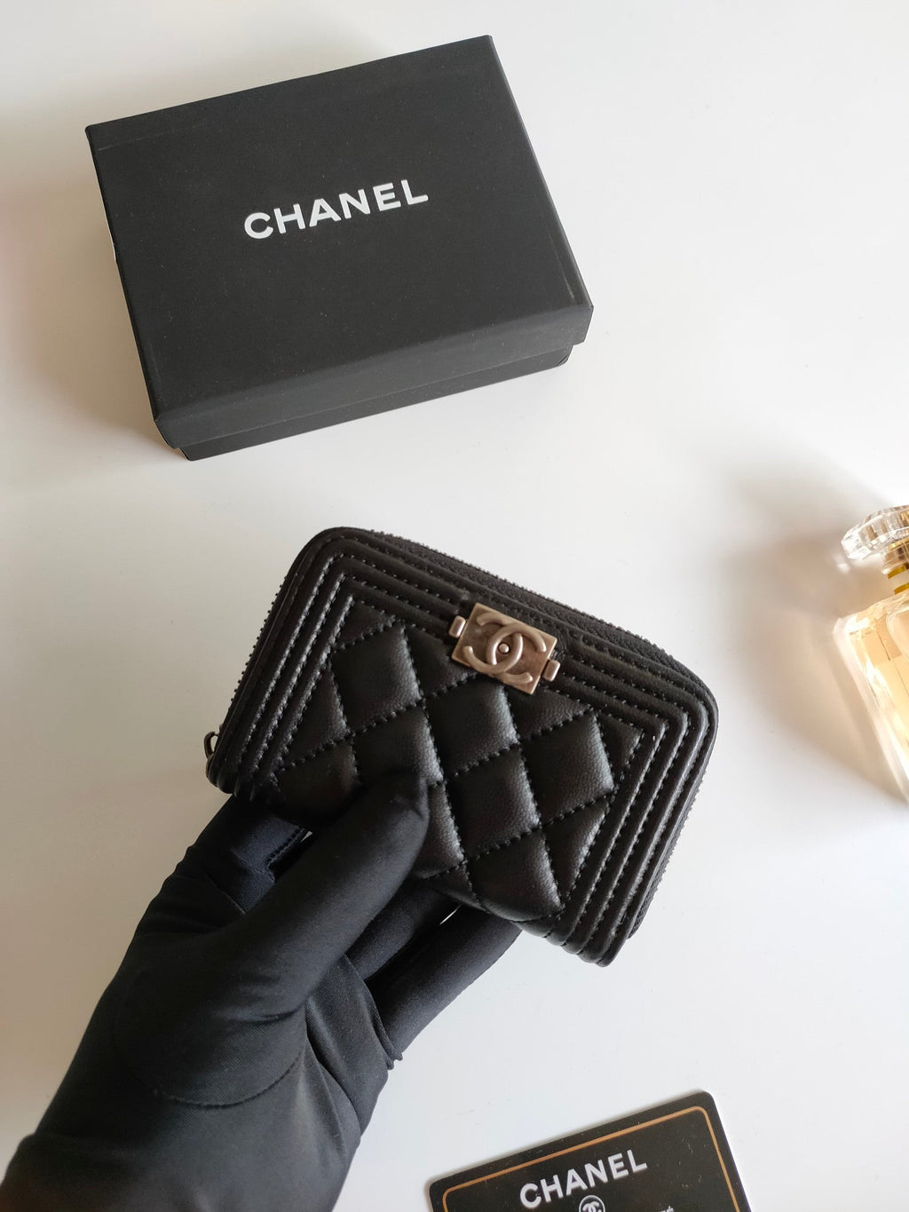 CHANEL BOY ZIP COIN PURSE 11.5 BLACK CALFSKIN ICON