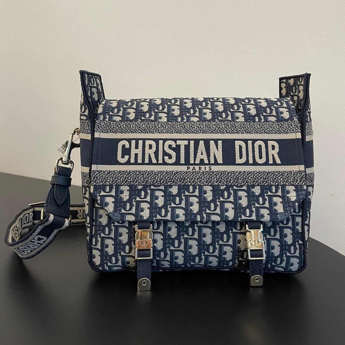DIOR MEDIUM 28 CAMP BAG IN BLUE OBLIQUE EMBROIDERY