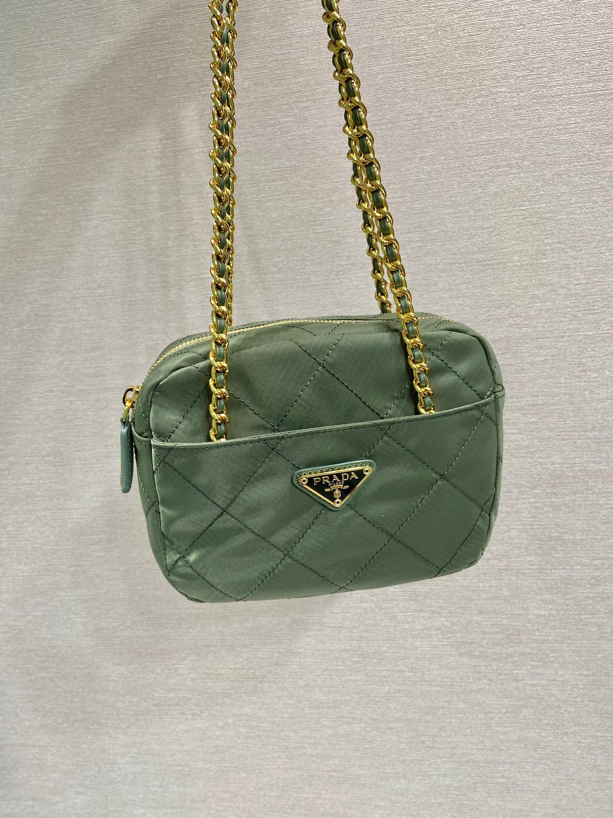PRADA QUILTED HOBO BAG 19 IN PICKLE GREEN HANDMADE NYLON GOLD HARDWARE