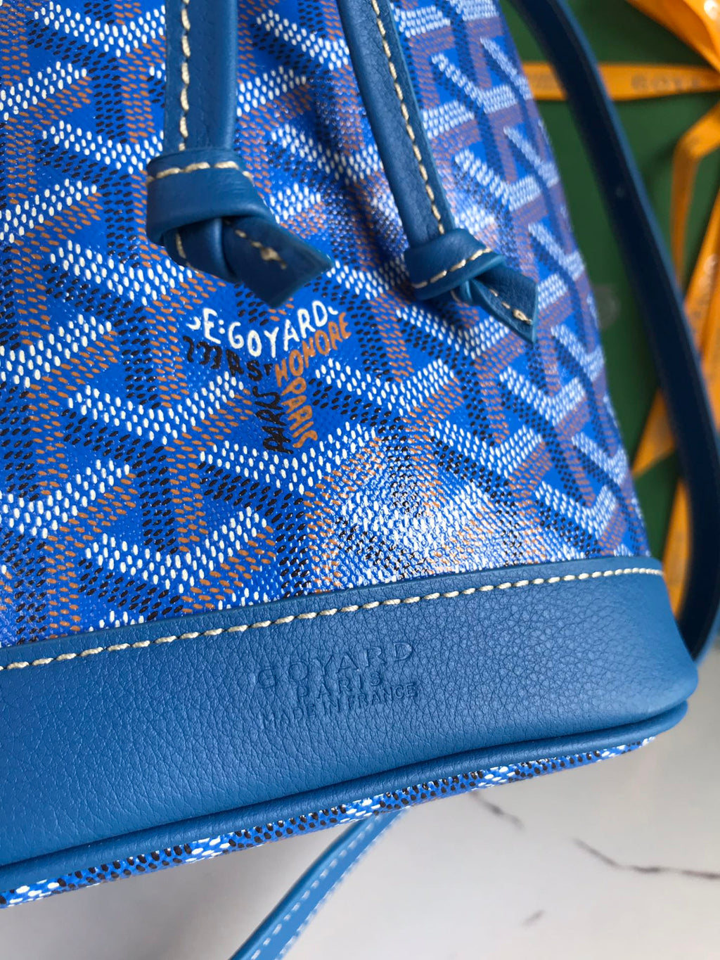PETIT FLOT BUCKET BAG 22 IN SAPPHIRE BLUE GOYARDINE CANVAS AND LAMBSKIN TRIM