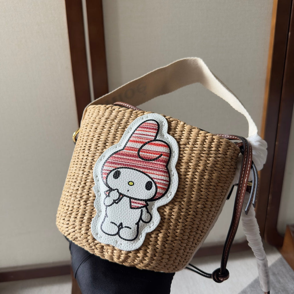 MY MELODY SMALL WOODY BASKET 17 IN NATURAL FIBERS BEIGE WEBBING BROWN CALFSKIN