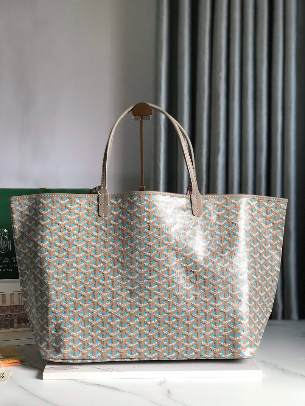 SAINT LOUIS PM 40 IN GREY MIX BLUE GOYARDINE CANVAS AND CALFSKIN