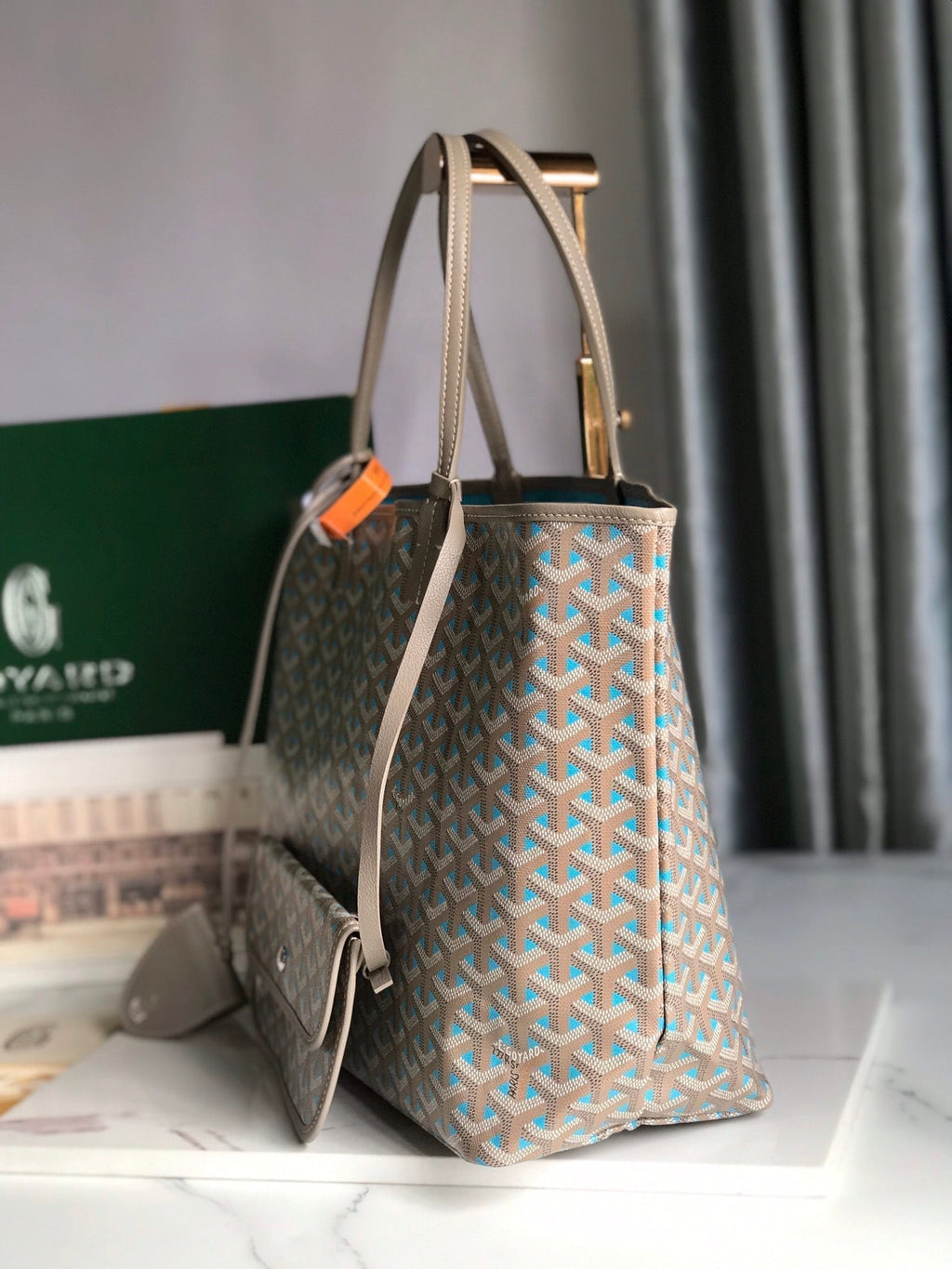 SAINT LOUIS PM 34 IN GREY MIX BLUE GOYARDINE CANVAS AND CALFSKIN