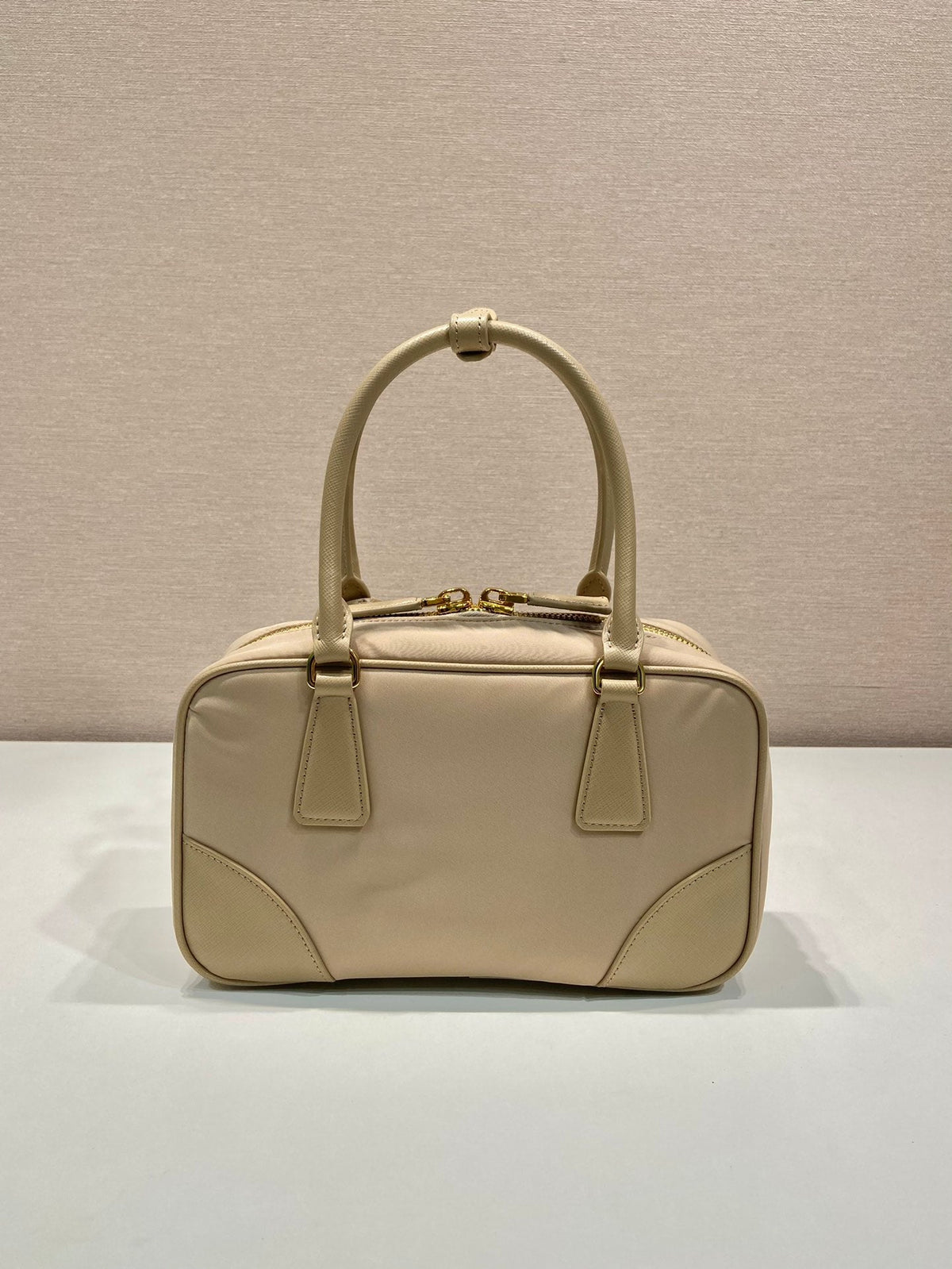 PRADA SMALL TOP HANDLE BAG 25 IN DRIED MOSS NYLON AND CALFSKIN TRIM