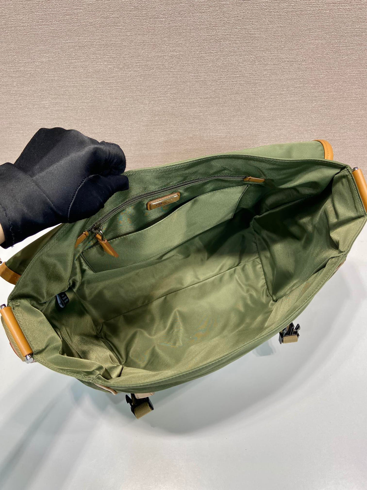 PRADA LARGE FLAP BAG 30 IN SEAWEED GREEN RE-NYLON AND BROWN CALFSKIN TRIM