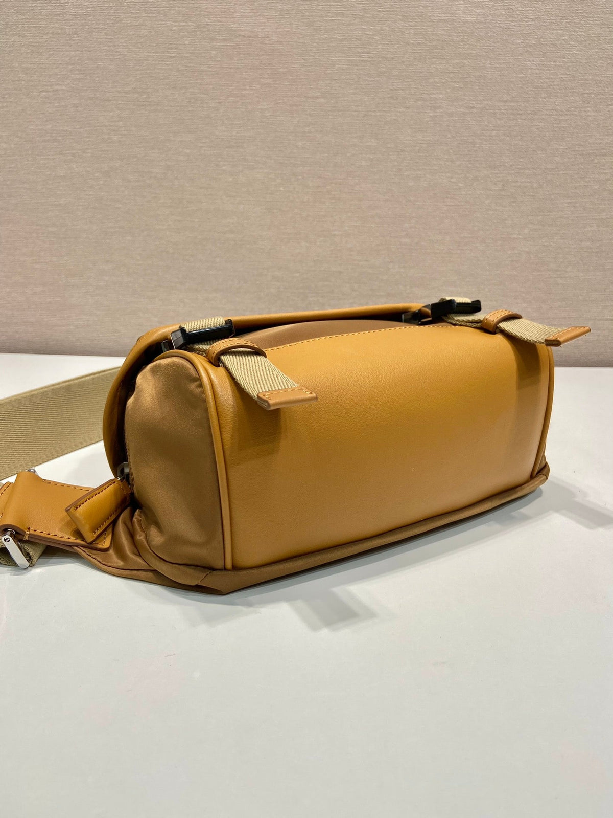 PRADA MESSENGER BAG 20 IN CIDER BROWN RE-NYLON AND CALFSKIN TRIM