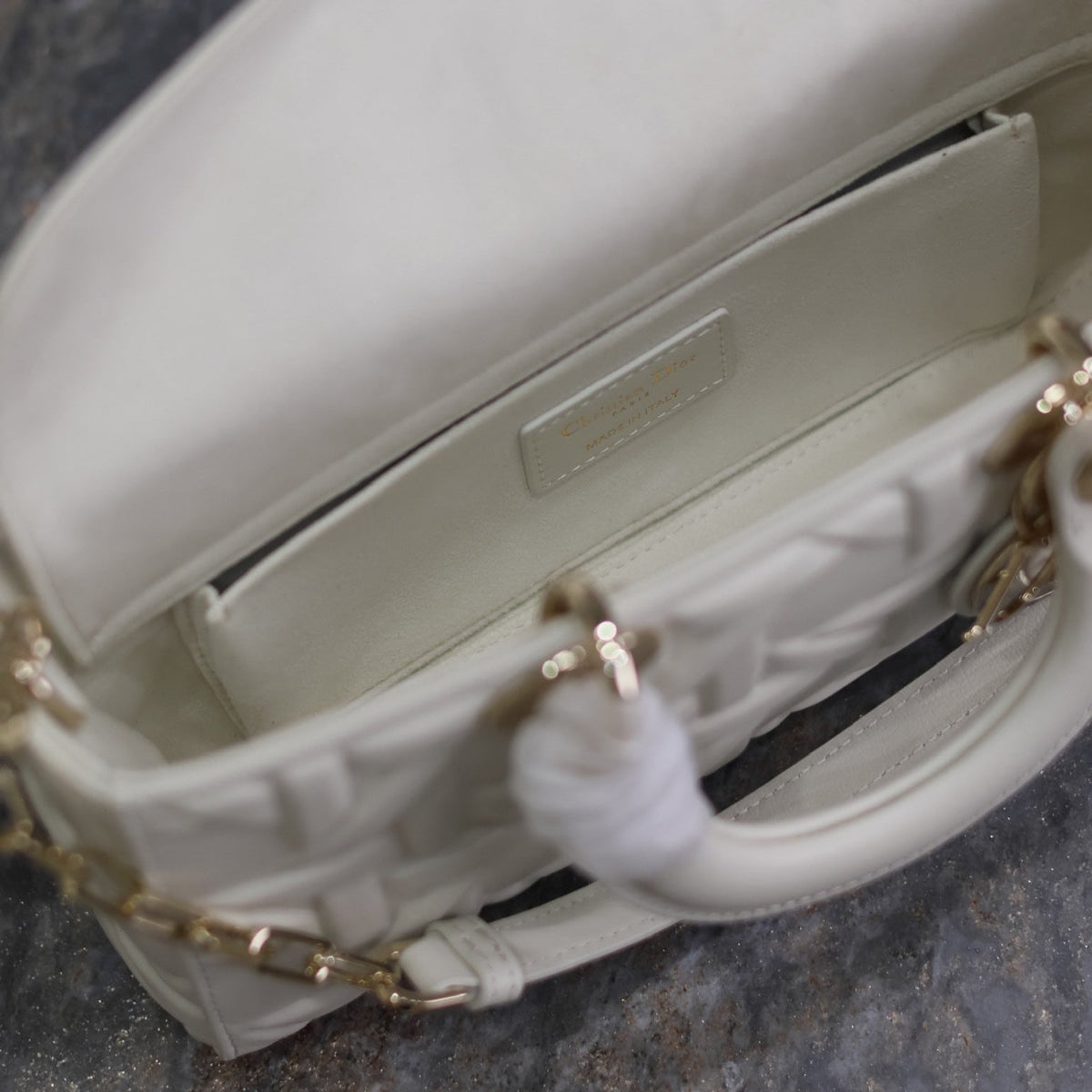 DIOR LADY D-JOY BAG 26 IN WHITE GRAPHIC CANNAGE CALFSKIN PALE GOLD-FINISH METAL CHARMS