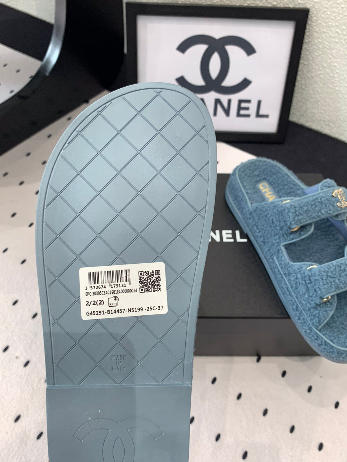CHANEL DAD SANDAL MULE IN AEGEAN BLUE LAMB FUR
