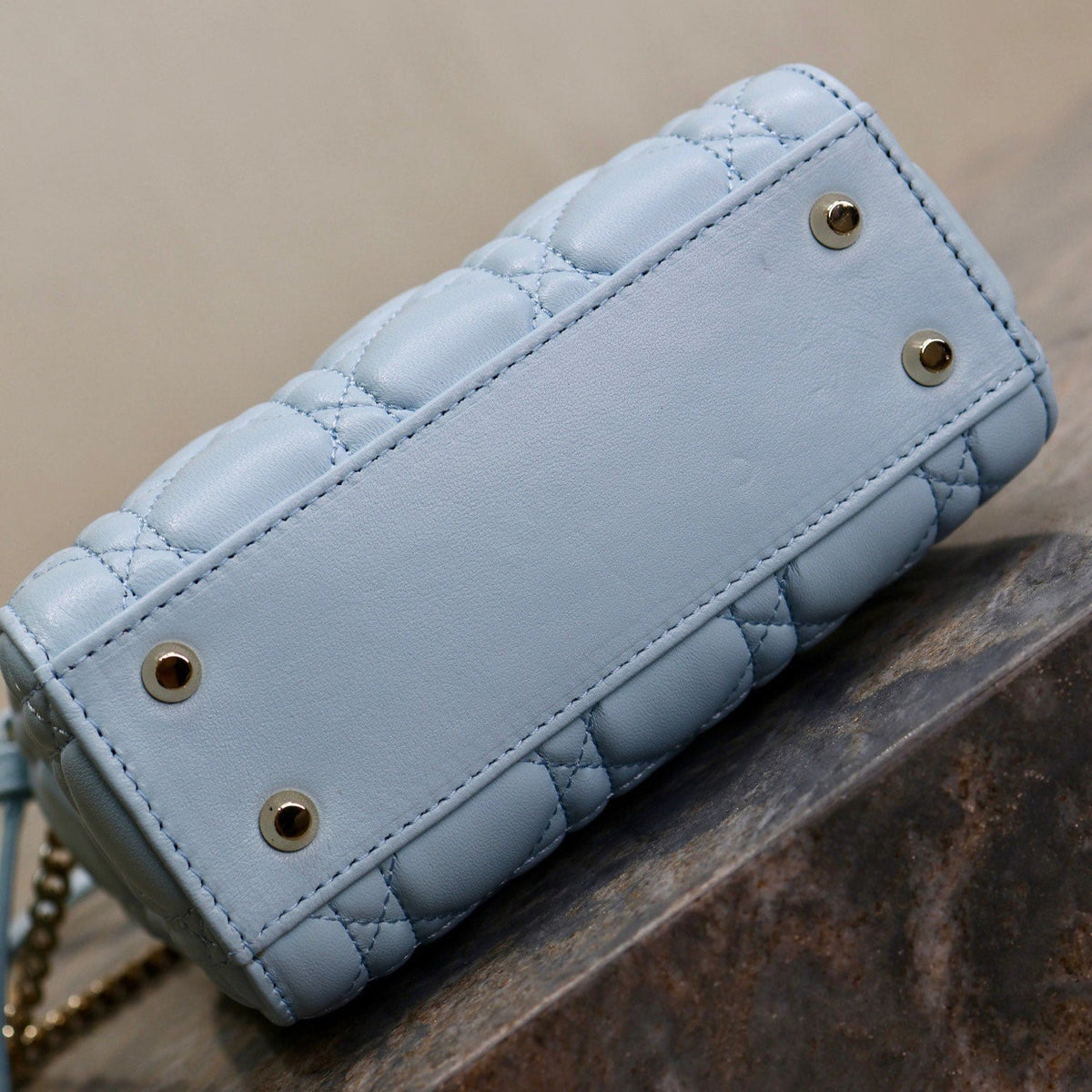 DIOR MINI LADY BAG 17 IN BABY BLUE QUILTED MACROCANNAGE CALFSKIN GREEN STRAP