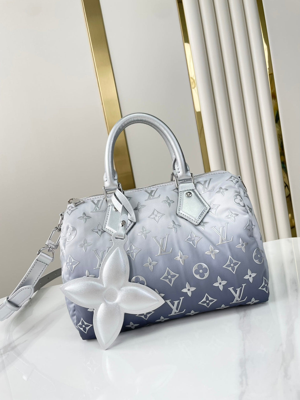 LOUIS VUITTON SPEEDY BANDOULIÈRE 25 IN GRADIENT SILVER MONOGRAM NYLON SILVER HARDWARE