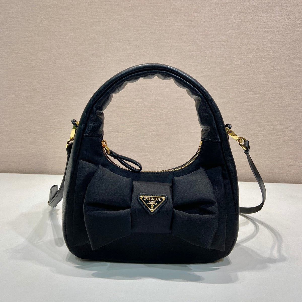 PRADA BOW HOBO BAG 22 IN BLACK RE-NYLON AND LAMBSKIN