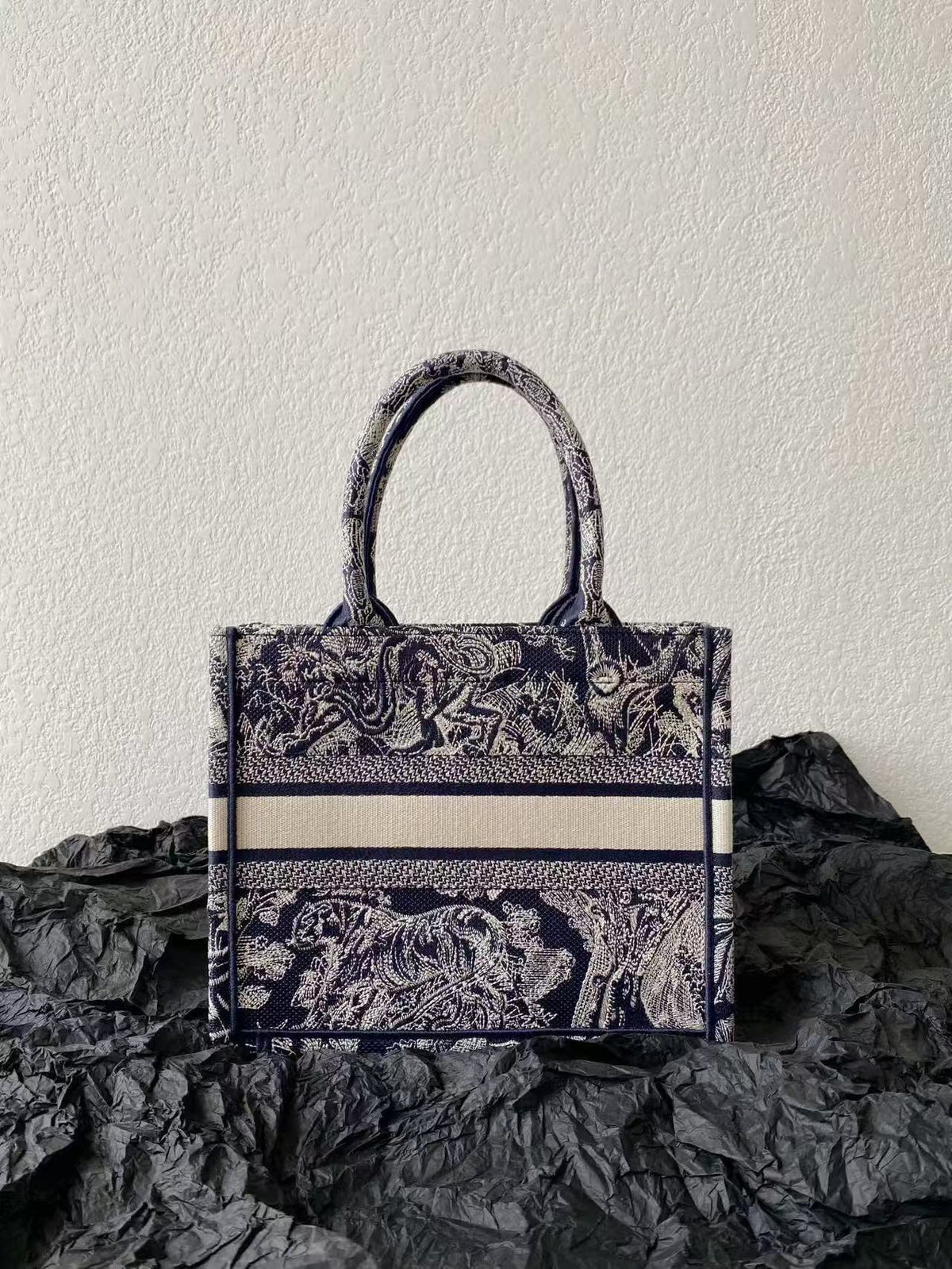 DIOR MISS SMALL TOTE 26 IN NAVY BLUE AND WHITE CANVAS