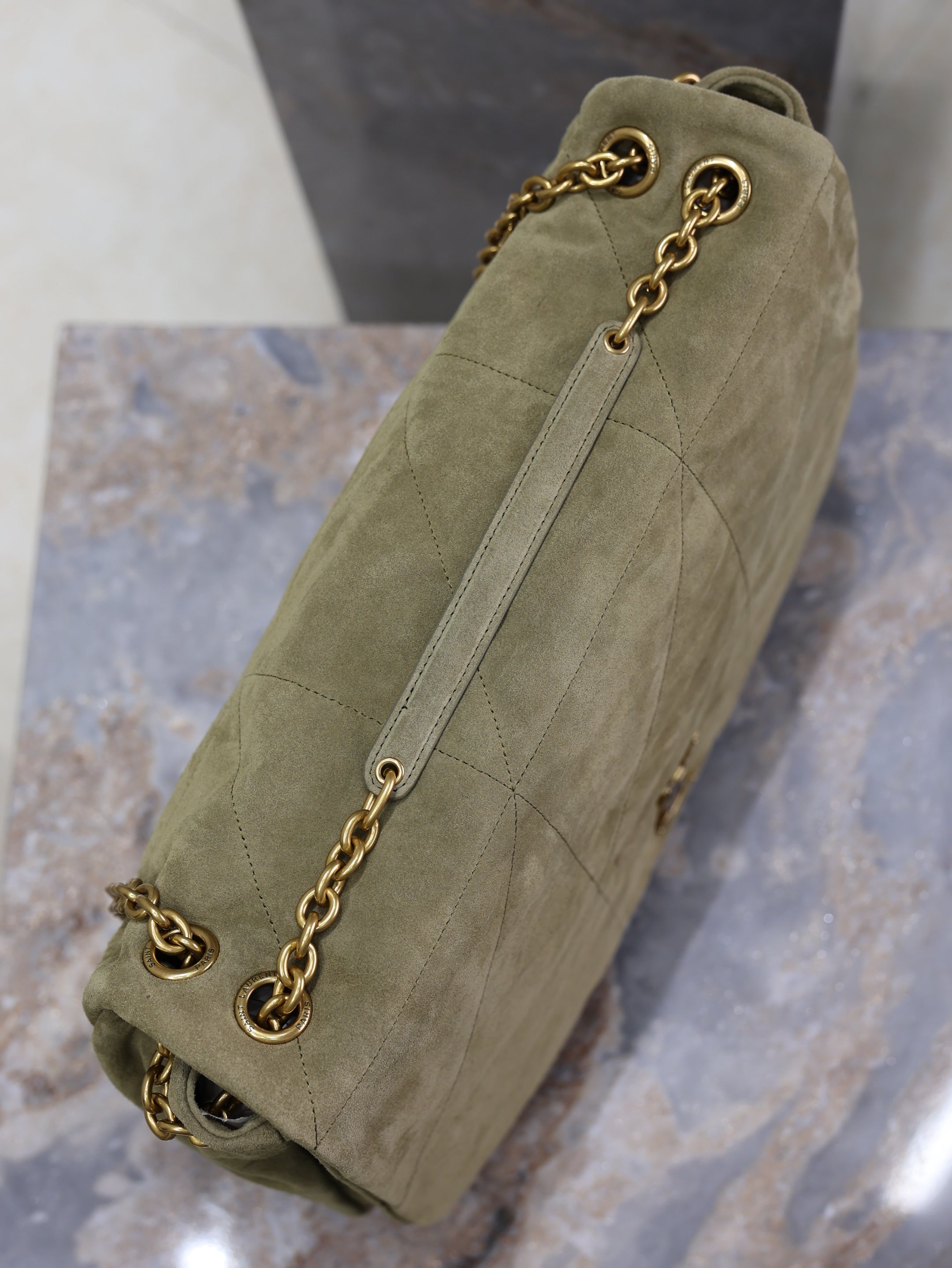 YSL 25S LARGE JAMIE 43 IN MUTED KHAKI SUEDE GOLD HARDWRE