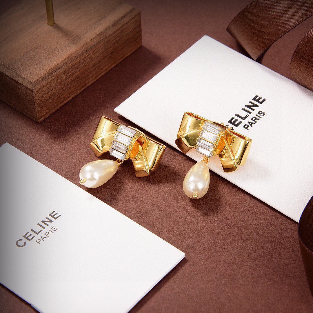 18K Celine Butterfly Pearl Pendant Earrings