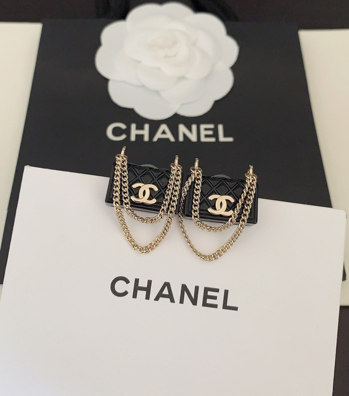 18K  Chanel Black Bag Pendant Earrings