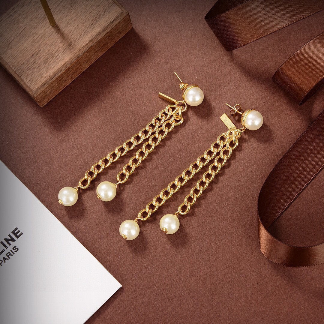 18K Celine Chain Pearl Earrings