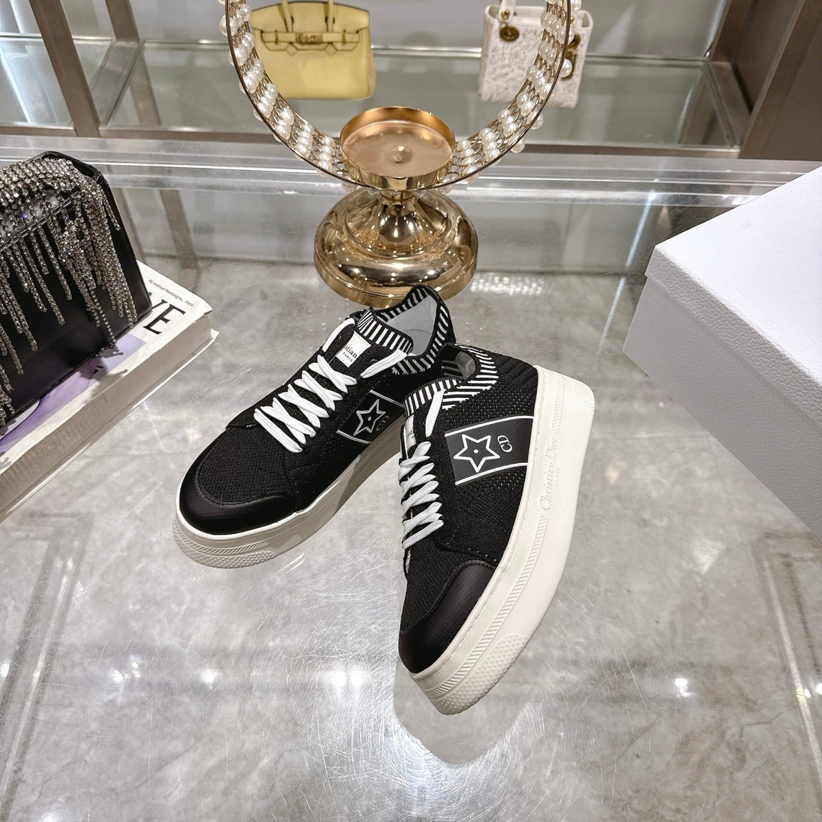 DIOR CD STAR SNEAKER 4CM IN BLACK AND WHITE MESH FABRIC