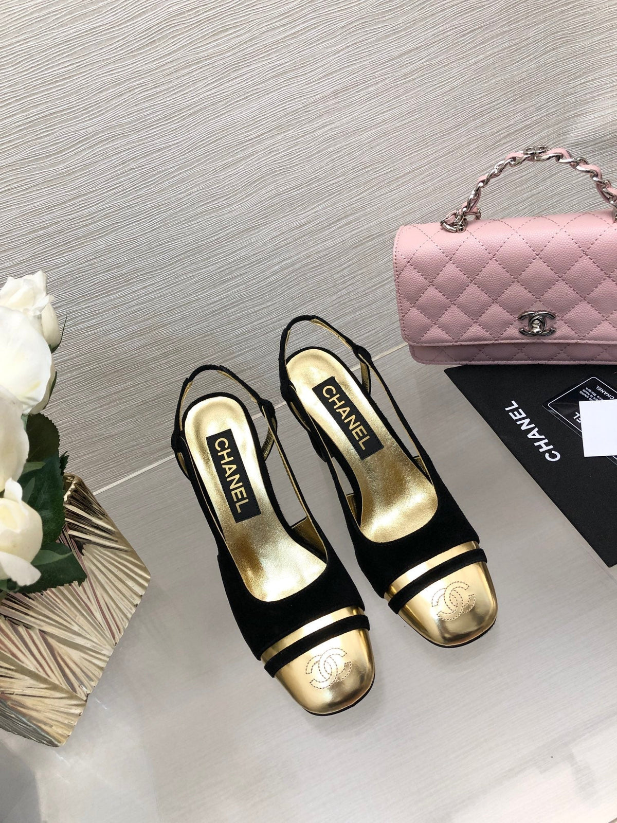 CHANEL HIGH SLINGBACKS IN BLACK SUEDE AND GOLDEN LAMBSKIN