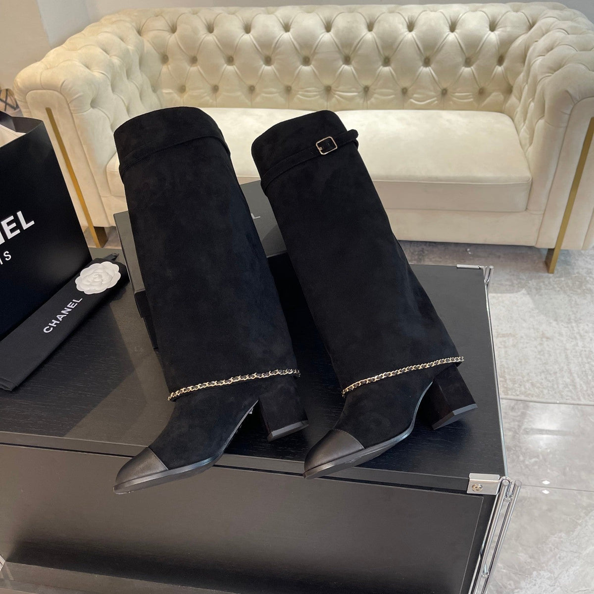 CHANEL HIGH BOOTS 6.5 CM IN BLACK SUEDE AND CALFSKIN