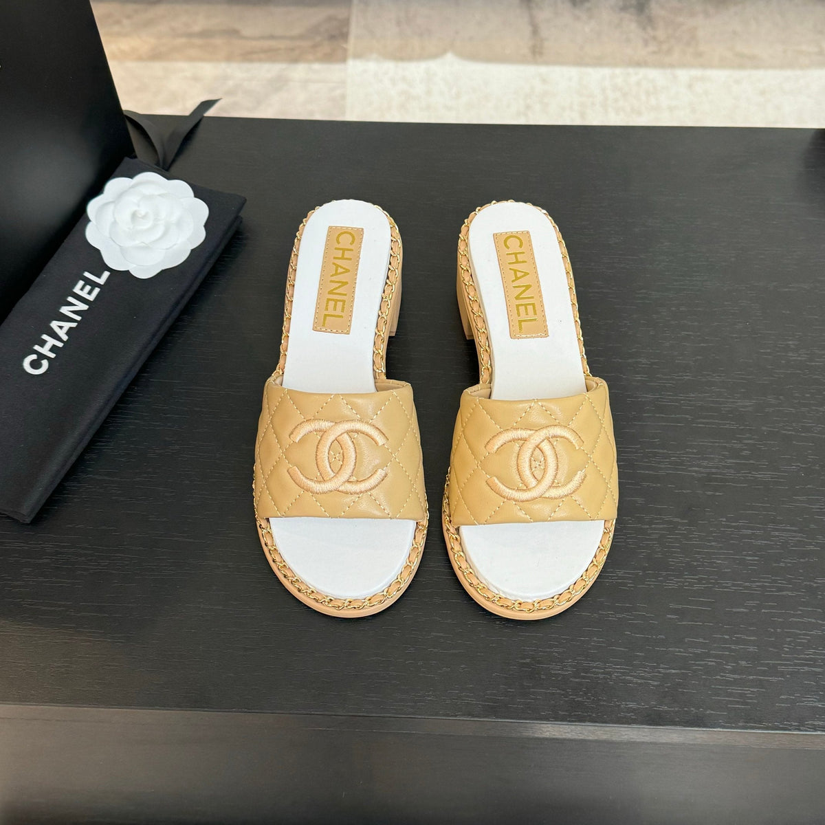 CHANEL HIGH FLATFORM SLIPPER IN DIJON YELLOW EMBOSSED SHEEPSKIN