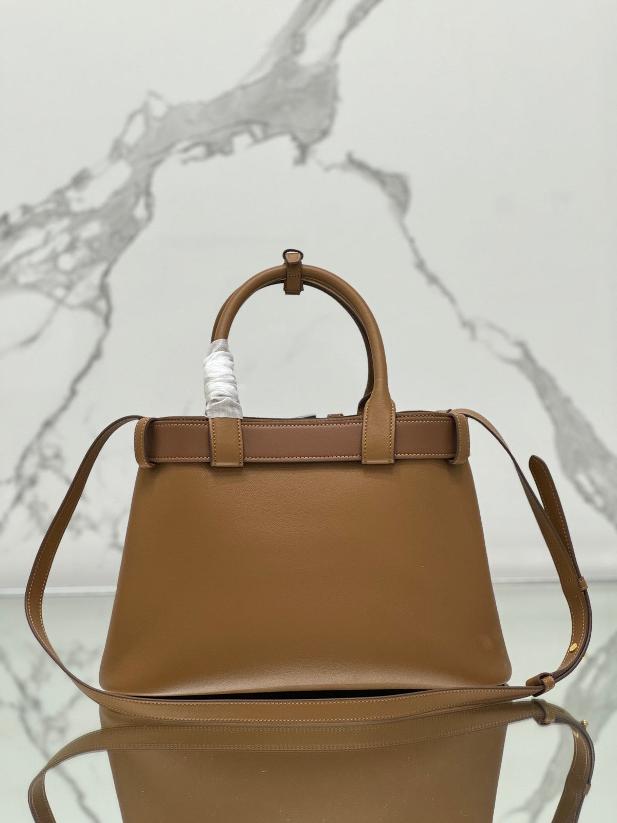 PRADA TOTE BAG WITH BELT 32 IN CIDER BROWN IMPORTED CALFSKIN