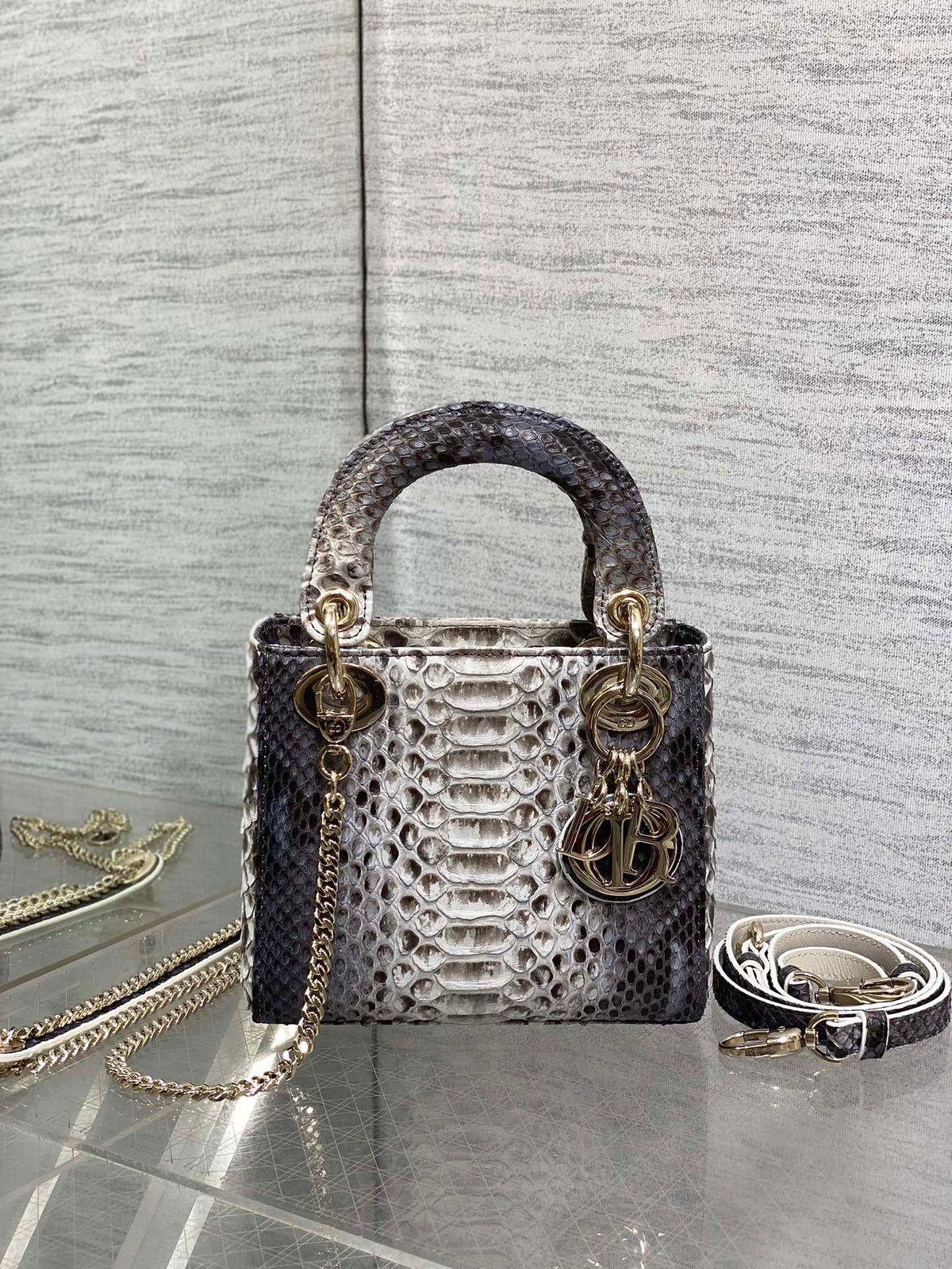 DIOR MINI 17 LADY BAG IN WHITE MIX BLACK SNAKESKIN PATTERN LAMBSKIN