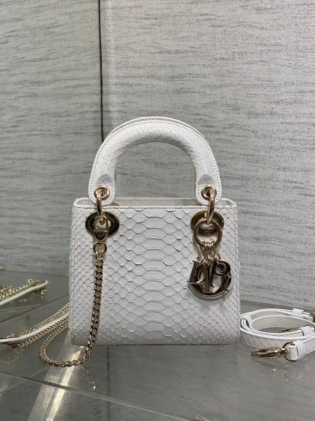 DIOR MINI 17 LADY BAG IN WHITE SNAKESKIN PATTERN LAMBSKIN