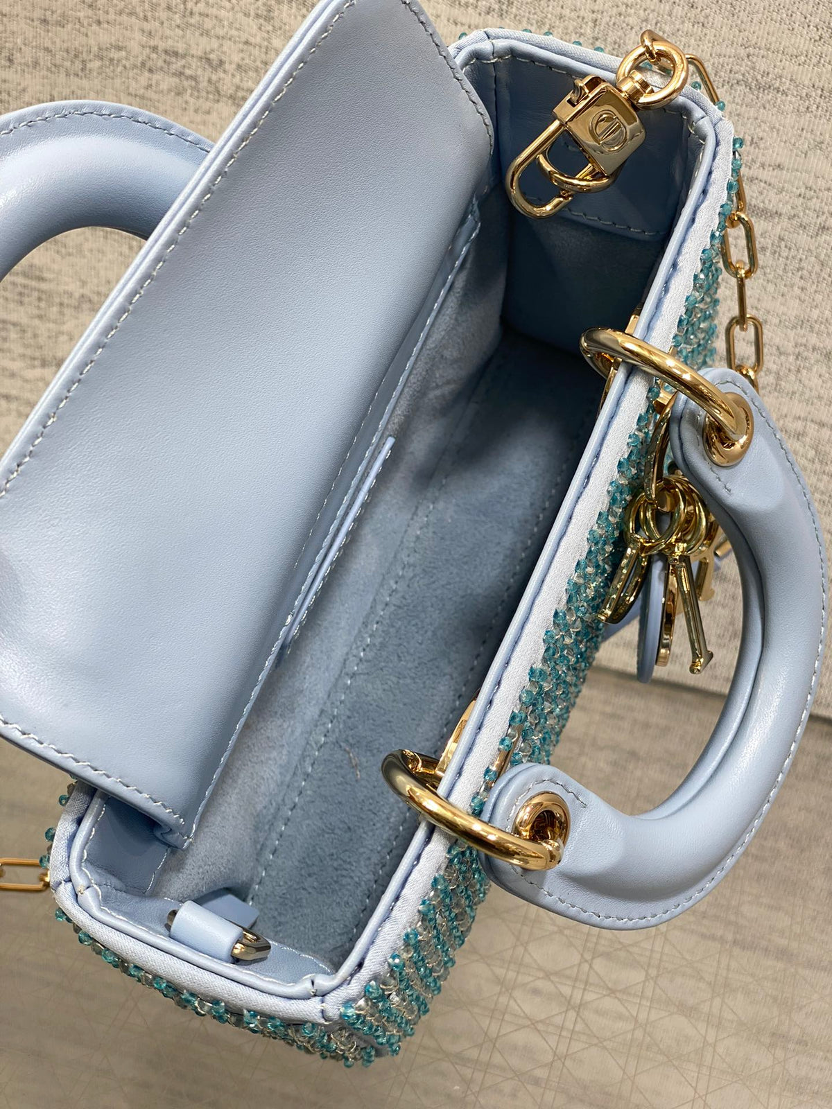 DIOR SMALL 16 LADY D-JOY BAG  IN POWDER BLUE CANNAGE LAMBSKIN WITH EMBROIDERED BEADWORK  BEADWORK