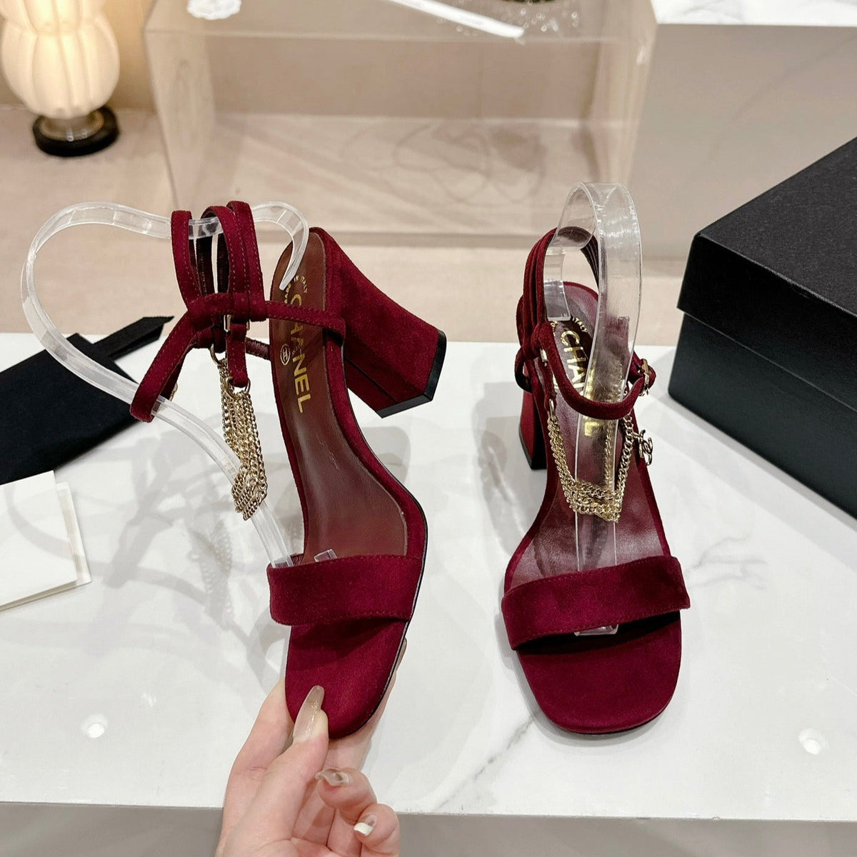 CHANEL Double C Leather High Heel Sandals Red Cherry