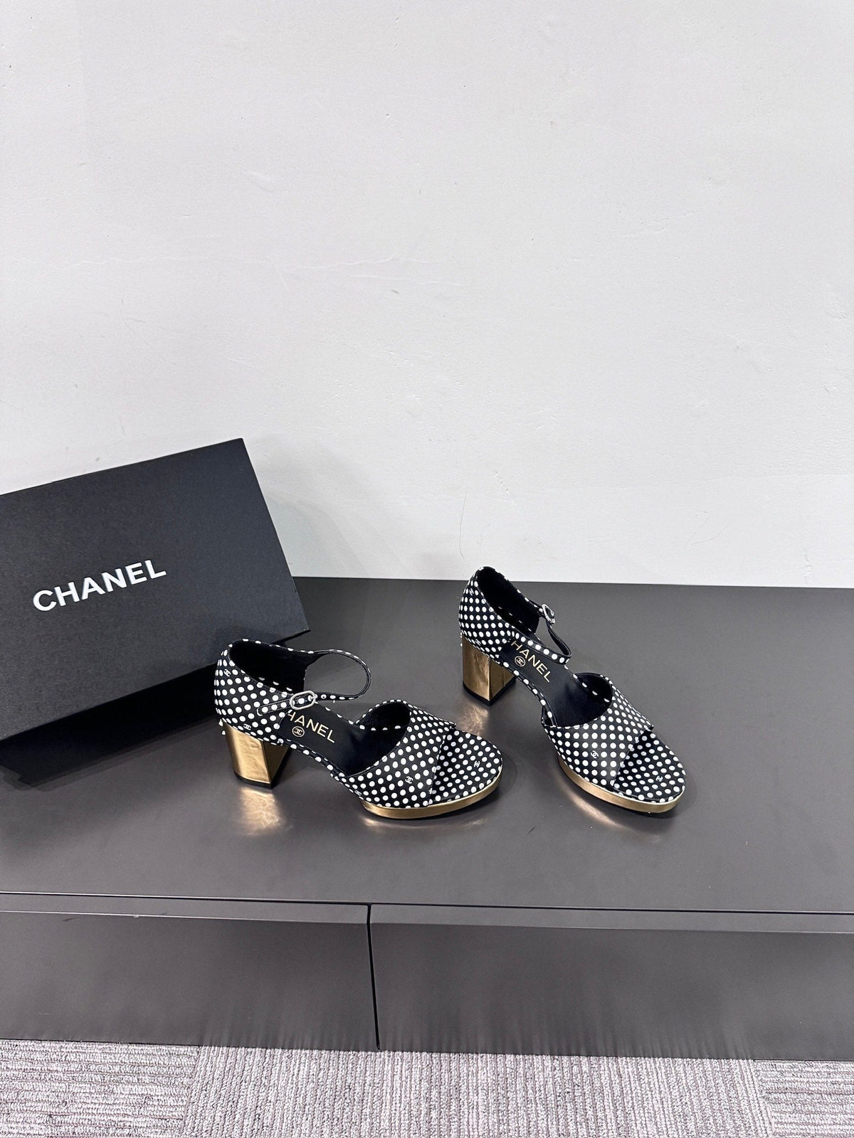 CHANEL BLOCK HEEL SANDALS BLACK POLKA DOT SHEEPSKIN