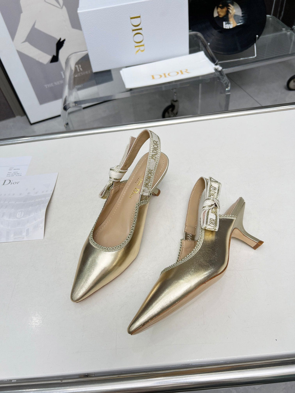 DIOR J'A SLINGBACK PUMP LIGHT GOLD CALFSKIN AND EMBROIDERED FABRIC 65 MM