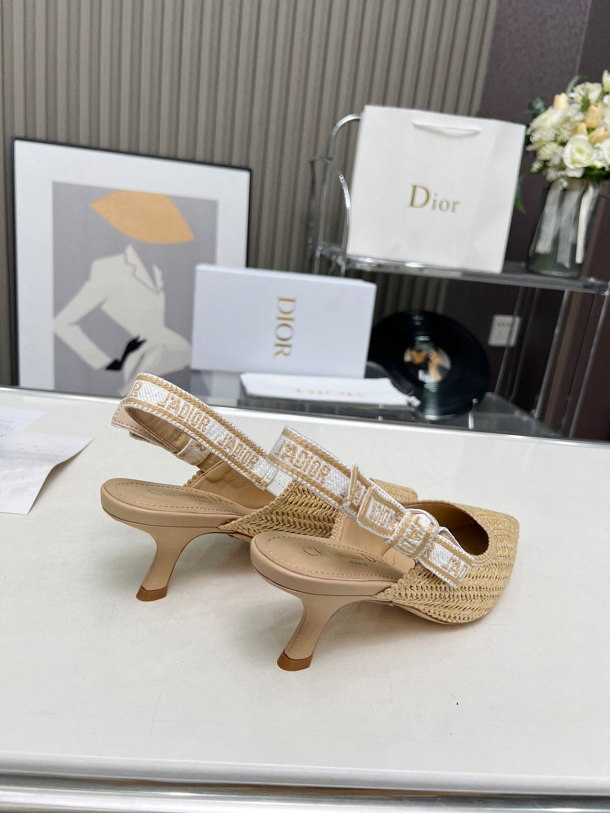 DIOR J'A SLINGBACK PUMP NATURAL RAFFIA AND BEIGE EMBROIDERED COTTON 65 MM