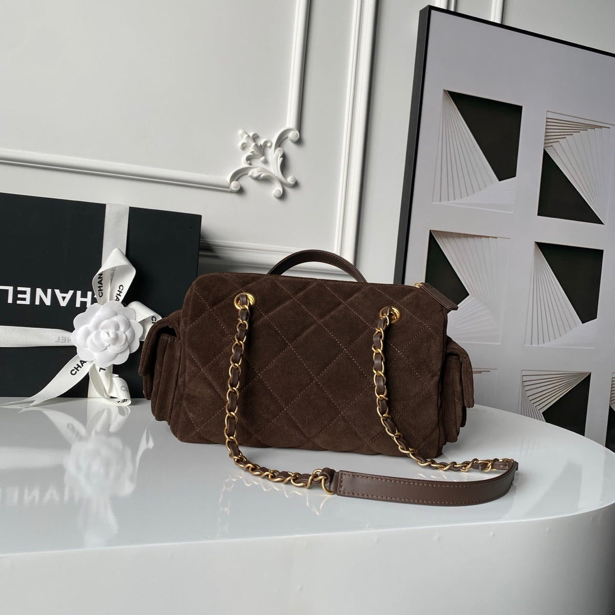 CHANEL 25S BOWLING BAG 24 IN DARK BROWN SUEDE GOLD HARDWARE