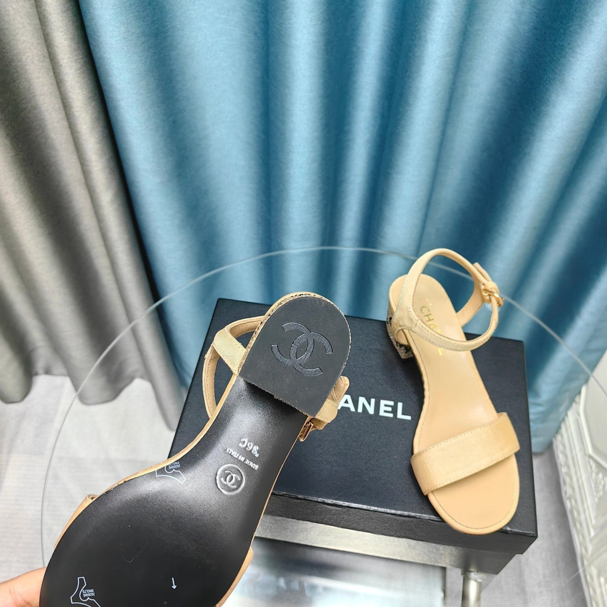 CHANEL Chunky Heel Rhinestone Sandals Beige Cream Lambskin