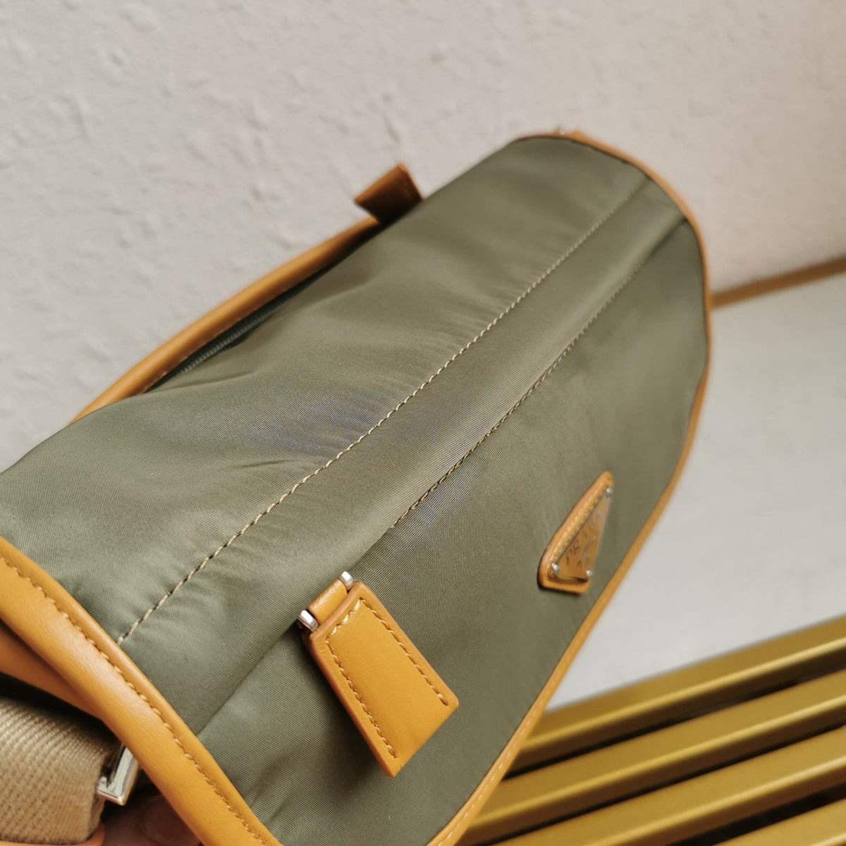 PRADA MESSENGER BAG 20 IN KHAKI GREEN RE-NYLON AND BROWN CALFSKIN TRIM