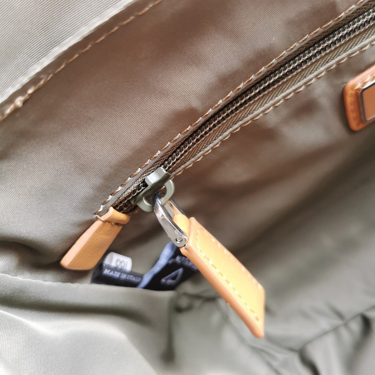 PRADA MESSENGER BAG 20 IN KHAKI GREEN RE-NYLON AND BROWN CALFSKIN TRIM