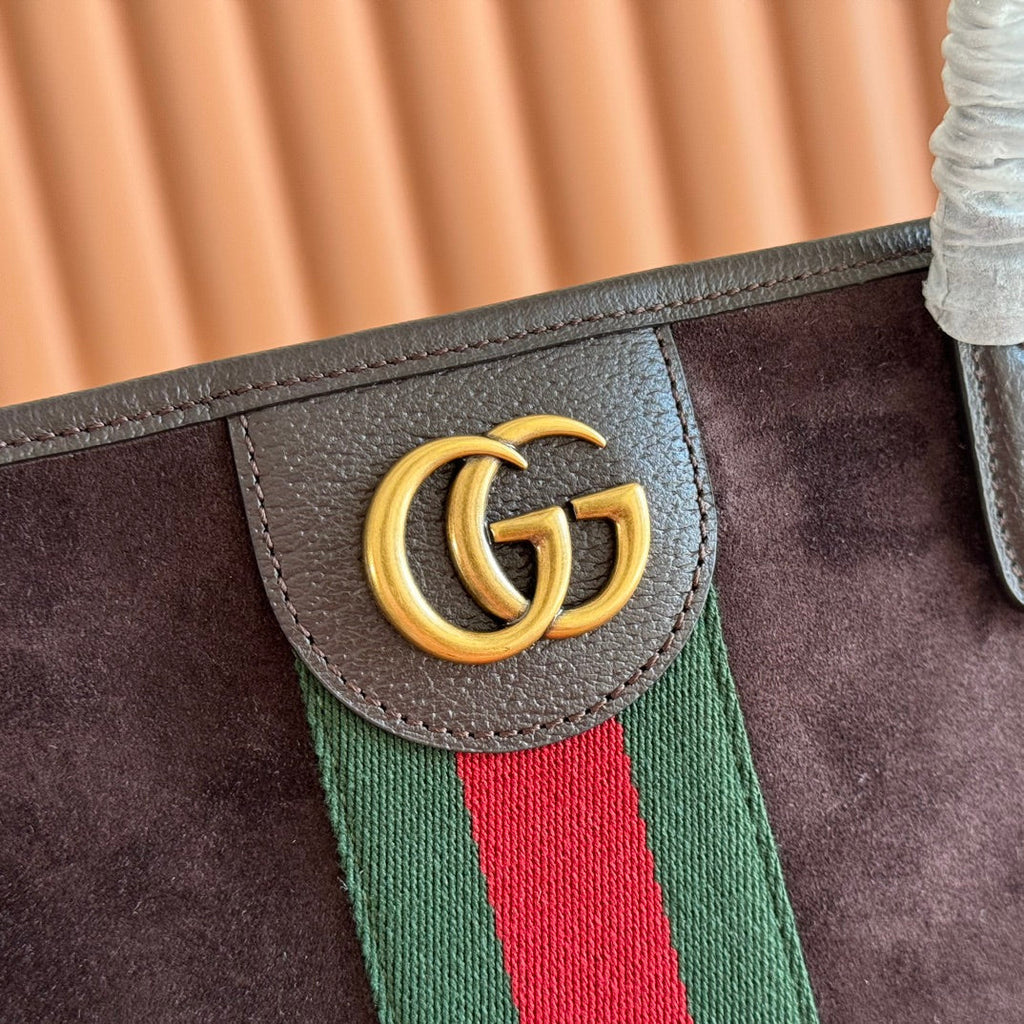 GUCCI 25S OPHIDIA MEDIUM TOTE 36 CM IN DARK CHOCOLATE BROWN SUEDE