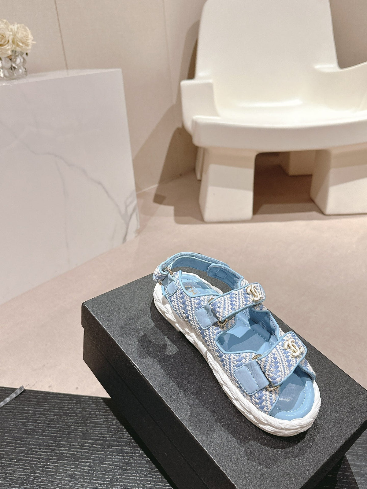 CHANEL DAD SANDALS IN LIGHT BLUE CALFSKIN