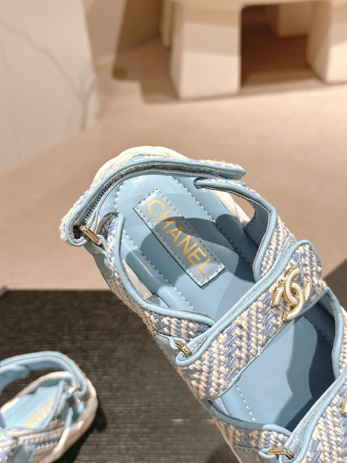 CHANEL DAD SANDALS IN LIGHT BLUE CALFSKIN