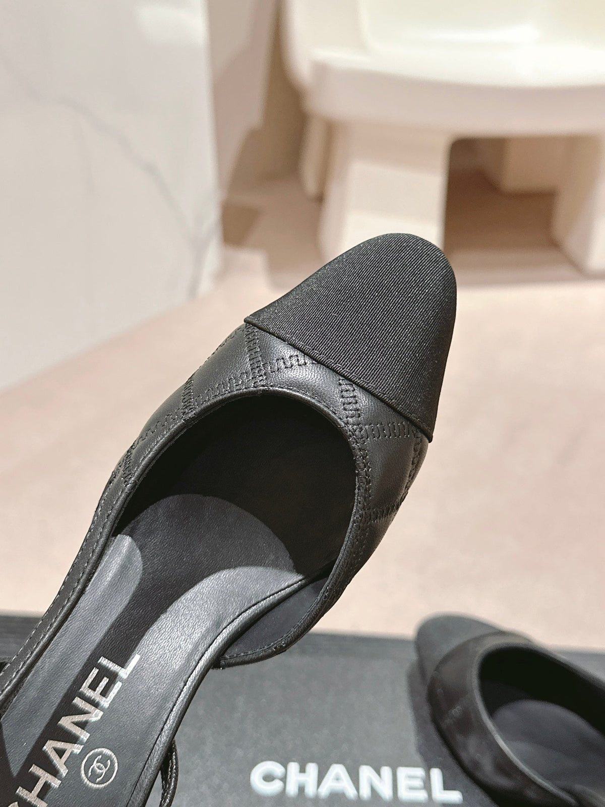CHANEL HIGH SLINGBACKS IN BLACK LAMBSKIN AND SATIN