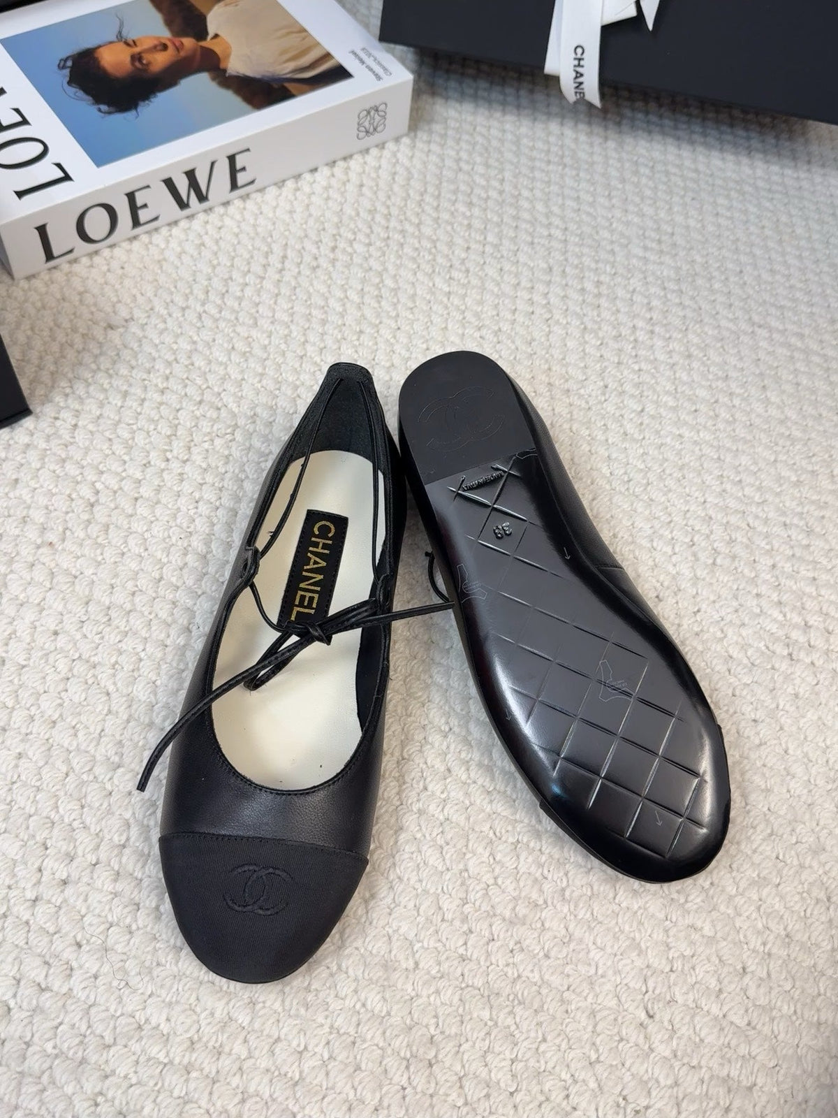 CHANEL FLAT MARY JANE PUMPS BLACK LAMBSKIN