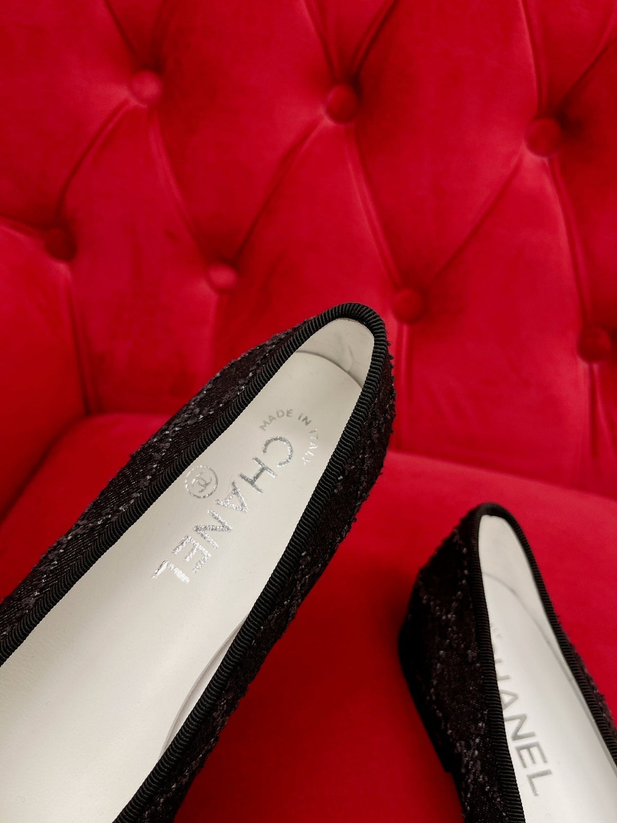 CHANEL ballet flat black denim grosgrain