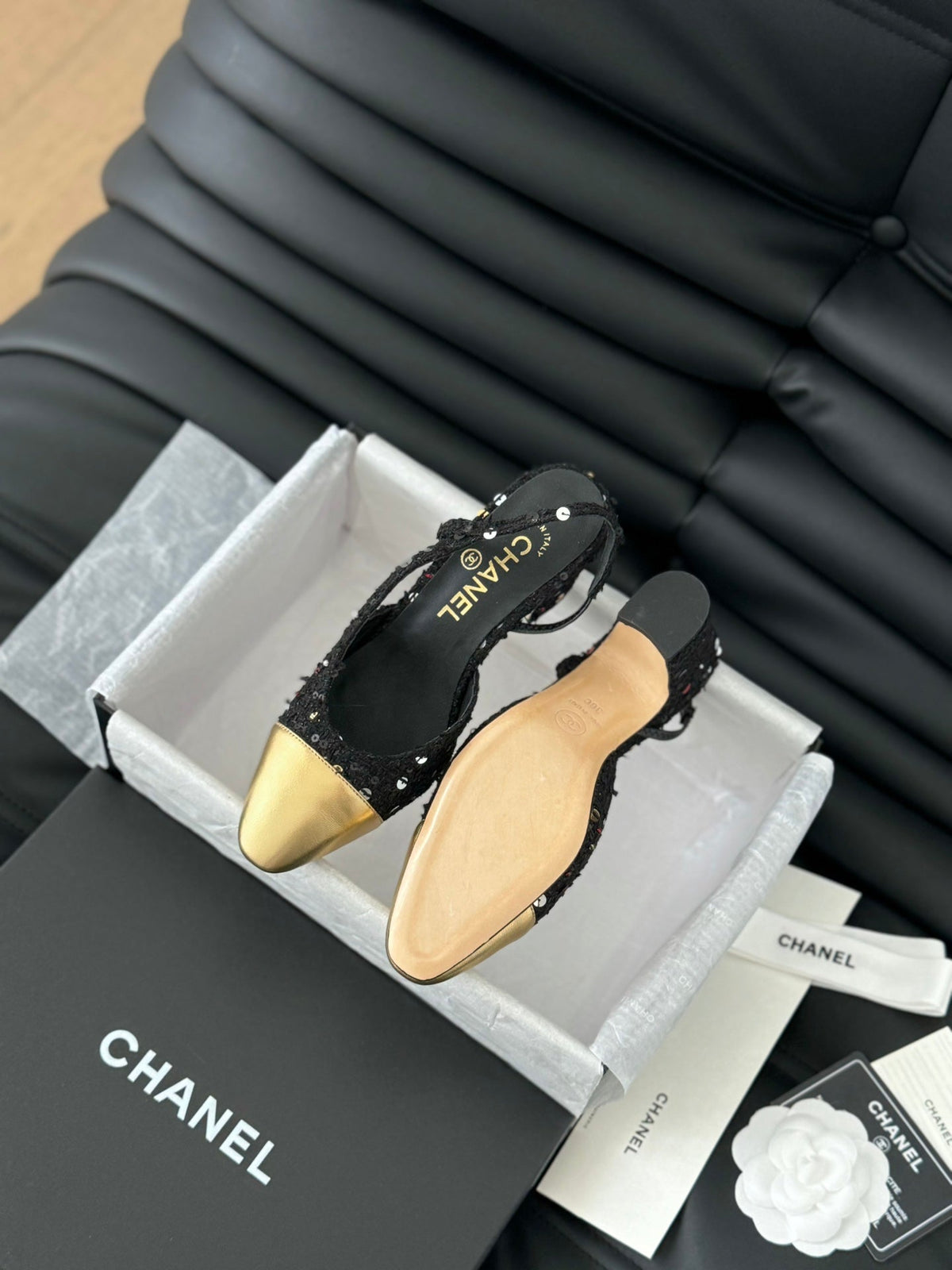 CHANEL HIGH SLINGBACK IN BLACK TWEED AND GOLDEN LAMBSKIN