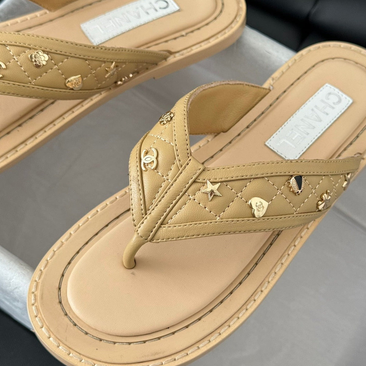 CHANEL Double C Thong Sandals Lambskin Tan Brown