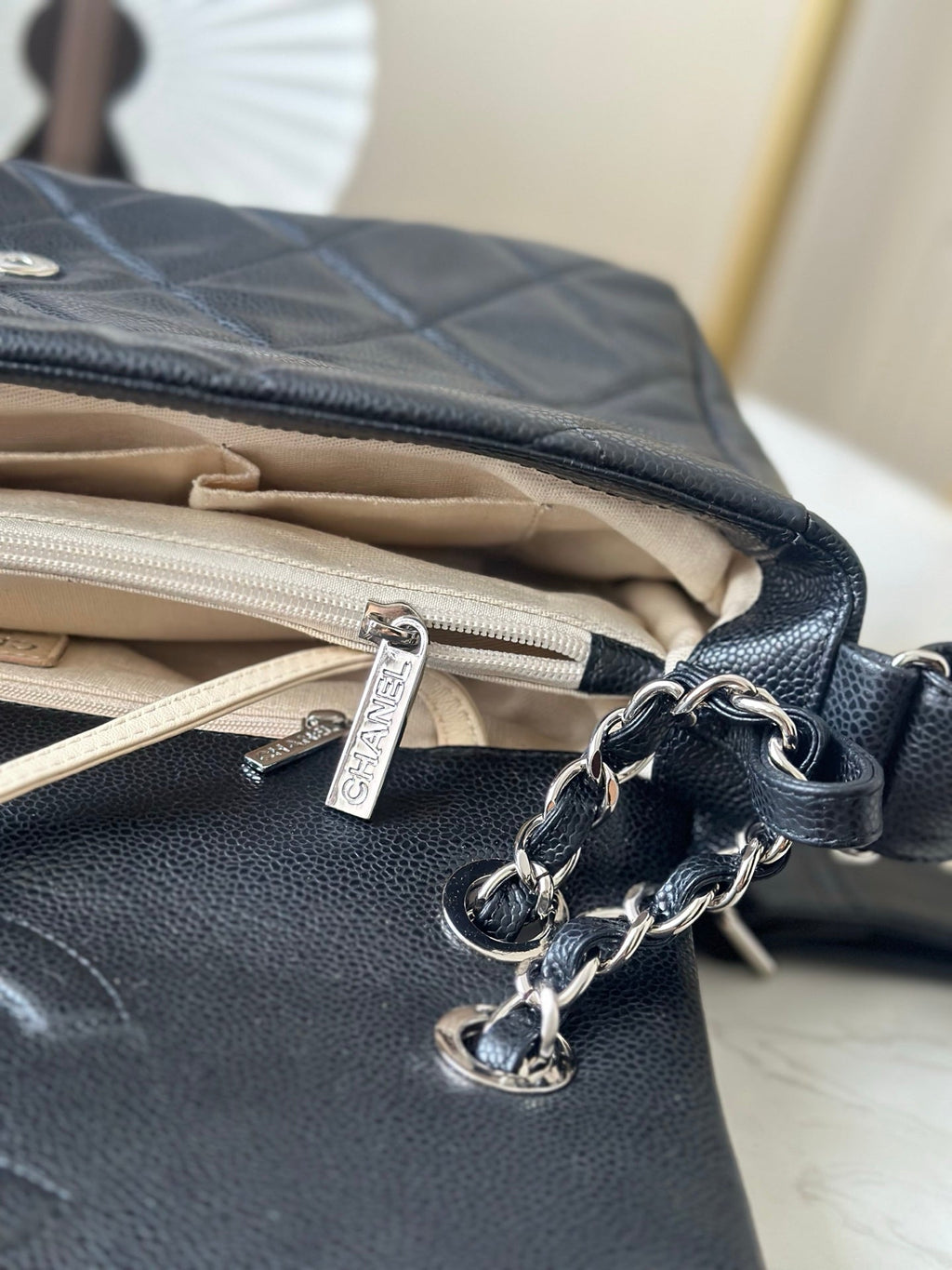 CHANEL 25S SHOULDER BAG 34 IN BLACK CAVIAR WITH SILVER HARDWARE